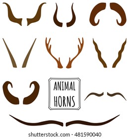 Hand drawn silhouettes set of animal horns made in vector in a different shades of brown color. Deer, sheep, antelope, bullock horns