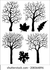 Hand drawn silhouettes of trees and leaves in black and white style