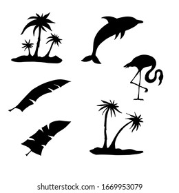 Hand drawn silhouettes. Vector illustration with palm trees, flamingo, dolphin. 