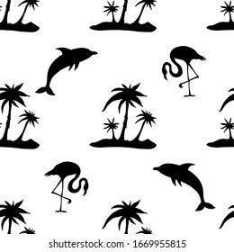 Hand drawn silhouettes. Vector illustration with palm trees, flamingo, dolphin. 