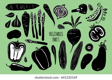 Hand drawn silhouettes of vegetables isolated on background. Elements for menu, packaging design in trendy modern naive style, detailed vector illustrations, stock clipart. Whole and cut. 