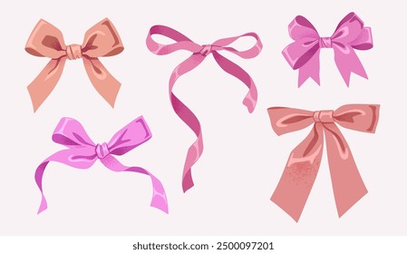 Hand drawn silk bows. Trendy girls hair braiding accessories.  Birthday gifts pink ribbon decoration, holidays gift boxes packaging elements flat vector illustration set.