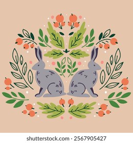 Hand drawn simmetrical mirrored vector pattern with grey hares, leaves, branches, twigs, berries