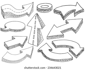 Hand drawn simple 3d arrows set made in vector