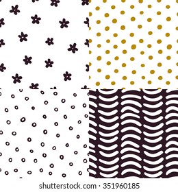 Hand drawn simple abstract background. Vector seamless pattern. Black and white and gold colors. Sketched design. Flowers, dots and lines.