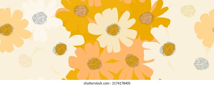 Hand drawn simple abstract flowers print. Trendy bright collage pattern. Fashionable template for design.