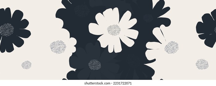 Hand drawn simple abstract flowers print. Trendy black and white collage pattern. Fashionable template for design.