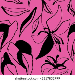 Hand drawn simple abstract flowers pink print. Trendy collage pattern. Fashionable template for design.
