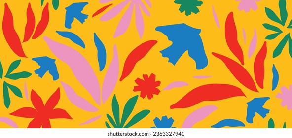 Hand drawn simple abstract leaves, birds, flowers and other botanical elements. Random cutout tropical foliage collage, ornamental texture, cute decorative pattern