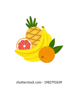 Hand drawn simple abstract summer tropical fruits - pineapple, orange, banana, grapefruit. Vector cartoon illustration of healthy diet food - fresh fruits isolated on white background