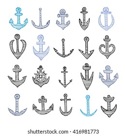 Hand drawn simple anchors set. Vector. Doodle sailor suit anchors. Hand drawn illustration. Sailor anchors