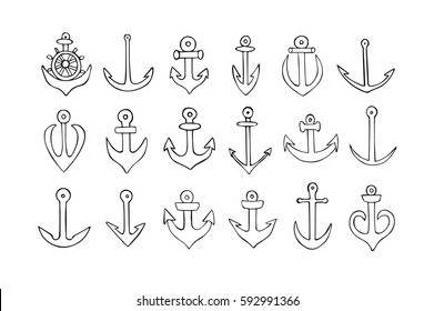Hand drawn simple anchors set. Vector. 