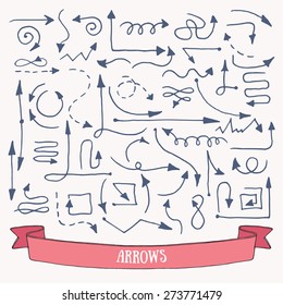 Hand drawn simple arrow, direction icons: vector set.