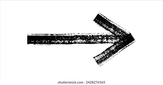 Handgezeichneter einfacher Pfeil, gezeichnet mit Wachskreide, Kreide oder Holzkohle. Unregelmäßige trockene Textur zur Unterstreichung. Bleistift gezeichnete Linie, durchgestrichen, Grunge Vektor isoliert auf weiß
