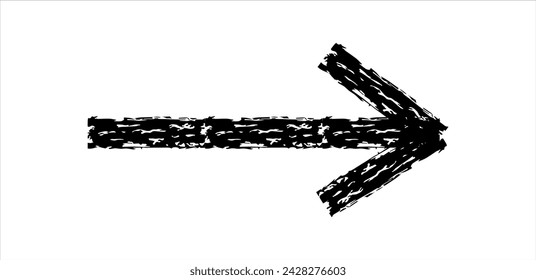 Flecha simple dibujada a mano dibujada con cera de crayón, tiza o carbón. Textura seca desigual para resaltar el subrayado. Línea dibujada a lápiz, tachado, vector grunge aislado en blanco