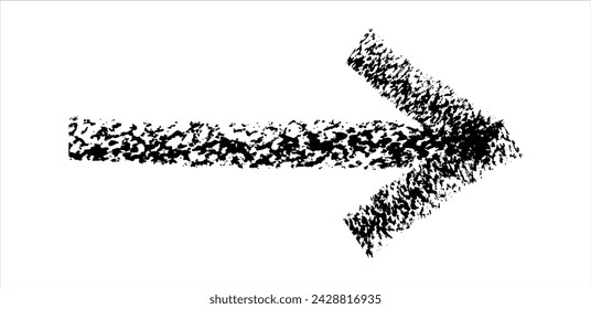 Flecha simple dibujada a mano dibujada con cera de crayón, tiza o carbón. Textura seca desigual para resaltar el subrayado. Línea dibujada a lápiz, tachado, vector grunge aislado en blanco