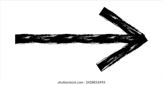 Hand drawn simple arrow drawn with wax crayon, chalk or charcoal. Uneven dry texture for underlining highlighting. Pencil drawn line, strikethrough, grunge vector isolated on white