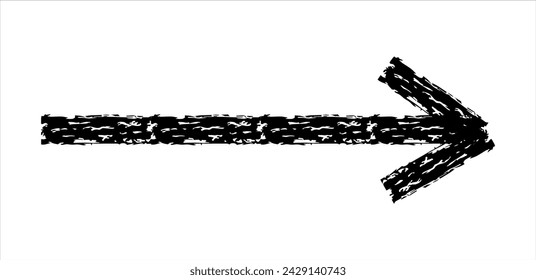 Flecha simple dibujada a mano dibujada con cera de crayón, tiza o carbón. Textura seca desigual para resaltar el subrayado. Línea dibujada a lápiz, tachado, vector grunge aislado en blanco