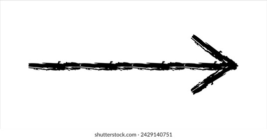 Handgezeichneter einfacher Pfeil, gezeichnet mit Wachskreide, Kreide oder Holzkohle. Unregelmäßige trockene Textur zur Unterstreichung. Bleistift gezeichnete Linie, durchgestrichen, Grunge Vektor isoliert auf weiß