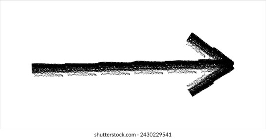 Handgezeichneter einfacher Pfeil, gezeichnet mit Wachskreide, Kreide oder Holzkohle. Unregelmäßige trockene Textur zur Unterstreichung. Bleistift gezeichnete Linie, durchgestrichen, Grunge Vektor isoliert auf weiß