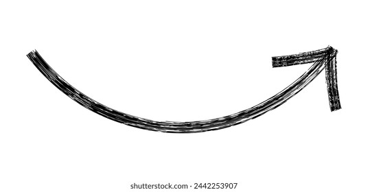 Flecha simple dibujada a mano dibujada con cera de crayón, tiza o carbón. Textura seca desigual para resaltar el subrayado. Lápiz dibujado líneas, tachado, vector grungy aislado en blanco