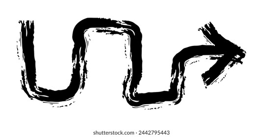 Flecha simple dibujada a mano dibujada con cera de crayón, tiza o carbón. Textura seca desigual para resaltar el subrayado. Lápiz dibujado líneas, tachado, vector grungy aislado en blanco