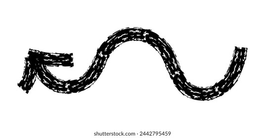 Hand drawn simple arrow drawn with wax crayon, chalk or charcoal. Uneven dry texture for underlining highlighting. Pencil drawn lines, strikethrough, grungy vector isolated on white