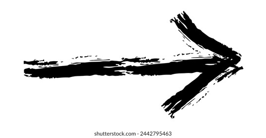 Flecha simple dibujada a mano dibujada con cera de crayón, tiza o carbón. Textura seca desigual para resaltar el subrayado. Lápiz dibujado líneas, tachado, vector grungy aislado en blanco
