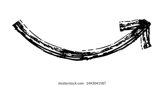 Hand drawn simple arrow drawn with wax crayon, chalk or charcoal. Uneven dry texture for underlining highlighting. Pencil drawn lines, strikethrough, grungy vector isolated on white