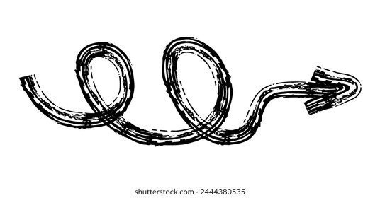Flecha simple dibujada a mano dibujada con cera de crayón, tiza o carbón. Textura seca desigual para resaltar el subrayado. Líneas dibujadas a lápiz, tachado, Vector grungy aislado en blanco.