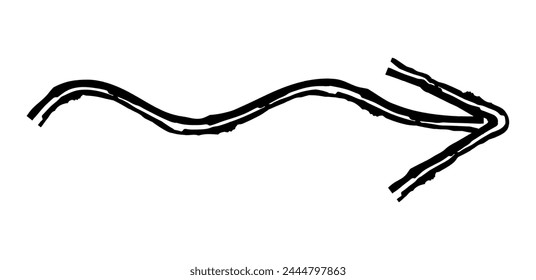 Hand drawn simple arrow drawn with wax crayon, chalk or charcoal. Uneven dry texture for underlining highlighting. Pencil drawn lines, strikethrough, grungy vector isolated on white.