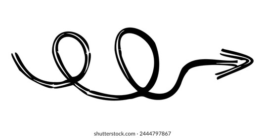 Flecha simple dibujada a mano dibujada con cera de crayón, tiza o carbón. Textura seca desigual para resaltar el subrayado. Líneas dibujadas a lápiz, tachado, Vector grungy aislado en blanco.