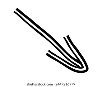 Flecha simple dibujada a mano dibujada con cera de crayón, tiza o carbón. Textura seca desigual para resaltar el subrayado. Líneas dibujadas a lápiz, tachado, Vector grungy aislado en blanco.