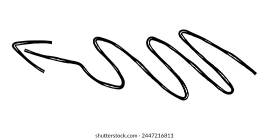 Flecha simple dibujada a mano dibujada con cera de crayón, tiza o carbón. Textura seca desigual para resaltar el subrayado. Líneas dibujadas a lápiz, tachado, Vector grungy aislado en blanco.