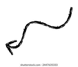Flecha simple dibujada a mano dibujada con cera de crayón, tiza o carbón. Textura seca desigual para resaltar el subrayado. Líneas dibujadas a lápiz, tachado, Vector grungy aislado en blanco.