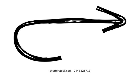 Hand drawn simple arrow drawn with wax crayon, chalk or charcoal. Uneven dry texture for underlining highlighting. Pencil drawn lines, strikethrough, grungy vector isolated on white.