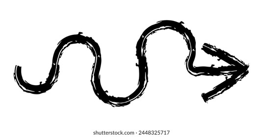 Handgezeichneter einfacher Pfeil, gezeichnet mit Wachskreide, Kreide oder Holzkohle. Unregelmäßige trockene Textur zur Unterstreichung. Bleistift gezeichnete Linien, durchgestrichen, grungy Vektorgrafik isoliert auf Weiß.