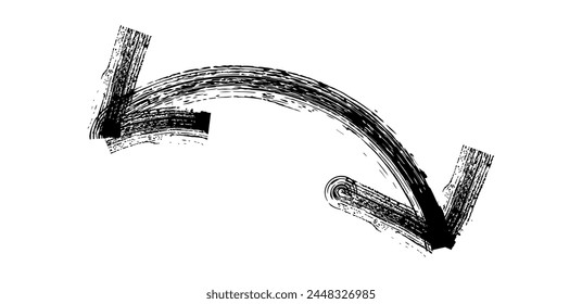 Hand drawn simple arrow drawn with wax crayon, chalk or charcoal. Uneven dry texture for underlining highlighting. Pencil drawn lines, strikethrough, grungy vector isolated on white.