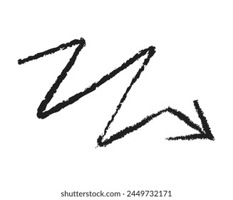 Hand drawn simple arrow drawn with wax crayon, chalk or charcoal. Uneven dry texture for underlining highlighting. Pencil drawn lines, strikethrough, grungy vector isolated on white.