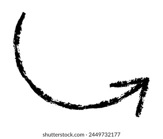 Hand drawn simple arrow drawn with wax crayon, chalk or charcoal. Uneven dry texture for underlining highlighting. Pencil drawn lines, strikethrough, grungy vector isolated on white.