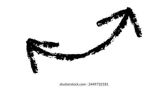 Hand drawn simple arrow drawn with wax crayon, chalk or charcoal. Uneven dry texture for underlining highlighting. Pencil drawn lines, strikethrough, grungy vector isolated on white.
