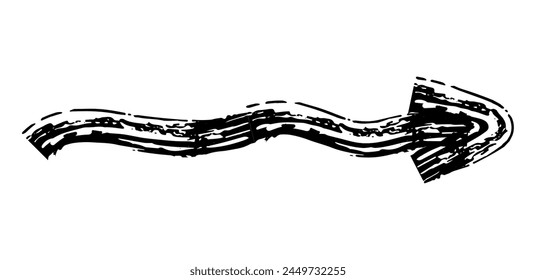 Handgezeichneter einfacher Pfeil, gezeichnet mit Wachskreide, Kreide oder Holzkohle. Unregelmäßige trockene Textur zur Unterstreichung. Bleistift gezeichnete Linien, durchgestrichen, grungy Vektorgrafik isoliert auf Weiß.