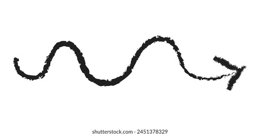 Hand drawn simple arrow drawn with wax crayon, chalk or charcoal. Uneven dry texture for underlining highlighting. Pencil drawn lines, strikethrough, grungy vector isolated on white.
