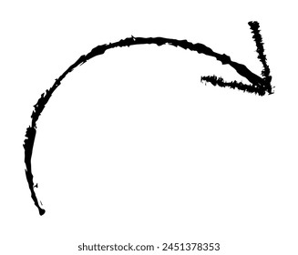 Handgezeichneter einfacher Pfeil, gezeichnet mit Wachskreide, Kreide oder Holzkohle. Unregelmäßige trockene Textur zur Unterstreichung. Bleistift gezeichnete Linien, durchgestrichen, grungy Vektorgrafik isoliert auf Weiß.