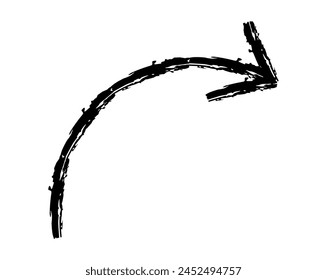 Handgezeichneter einfacher Pfeil, gezeichnet mit Wachskreide, Kreide oder Holzkohle. Unregelmäßige trockene Textur zur Unterstreichung. Bleistift gezeichnete Linien, durchgestrichen, grungy Vektorgrafik isoliert auf Weiß.