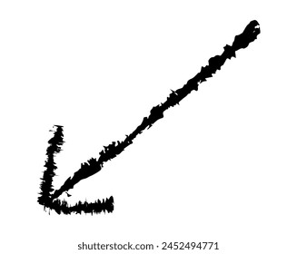 Hand drawn simple arrow drawn with wax crayon, chalk or charcoal. Uneven dry texture for underlining highlighting. Pencil drawn lines, strikethrough, grungy vector isolated on white.