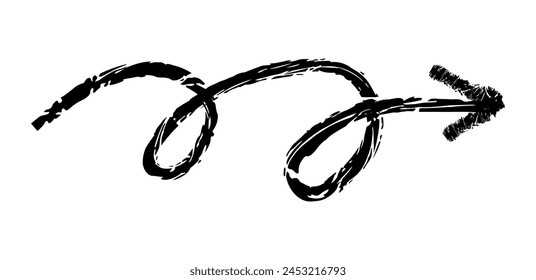 Hand drawn simple arrow drawn with wax crayon, chalk or charcoal. Uneven dry texture for underlining highlighting. Pencil drawn lines, strikethrough, grungy vector isolated on white.