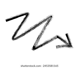 Hand drawn simple arrow drawn with wax crayon, chalk or charcoal. Uneven dry texture for underlining highlighting. Pencil drawn lines, strikethrough, grungy vector isolated on white.