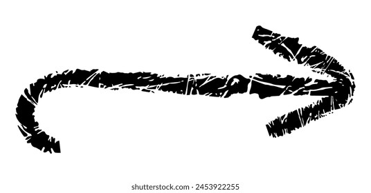 Hand drawn simple arrow drawn with wax crayon, chalk or charcoal. Uneven dry texture for underlining highlighting. Pencil drawn lines, strikethrough, grungy vector isolated on white.