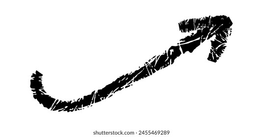 Flecha simple dibujada a mano dibujada con cera de crayón, tiza o carbón. Textura seca desigual para resaltar el subrayado. Líneas dibujadas a lápiz, tachado, Vector grungy aislado en blanco.